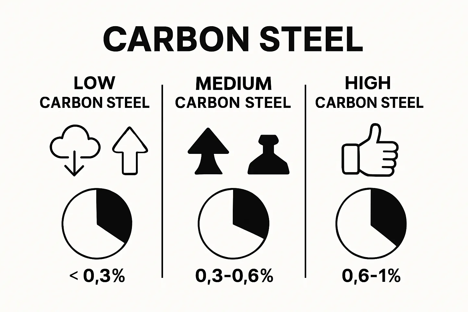 Comparison of low, medium, and high carbon steel percentages and properties