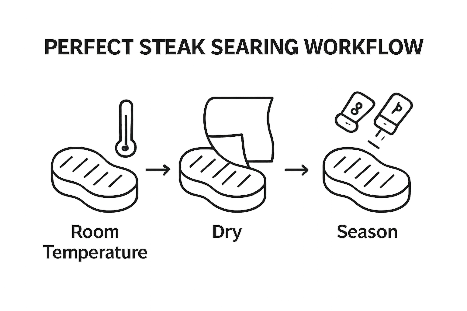 3-step infographic showing steak at room temperature, being dried, then seasoned.