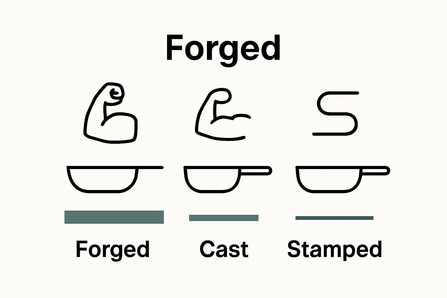 Illustration comparing forged, cast, and stamped cookware strength