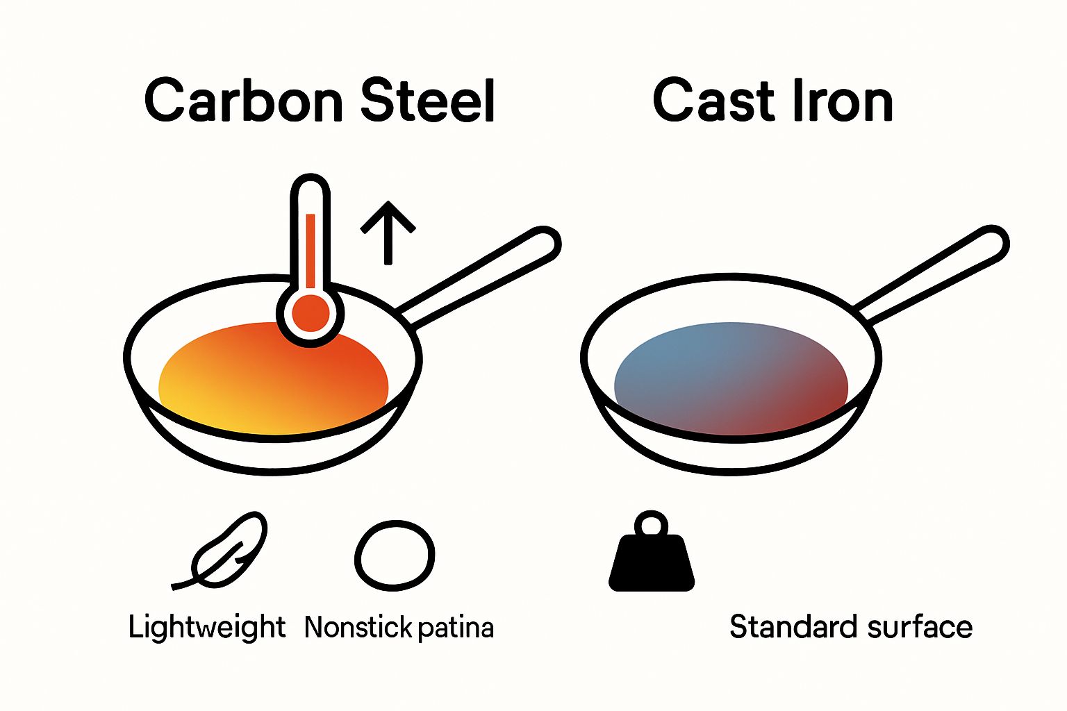 Visual comparison of carbon steel and cast iron pans for heat and weight