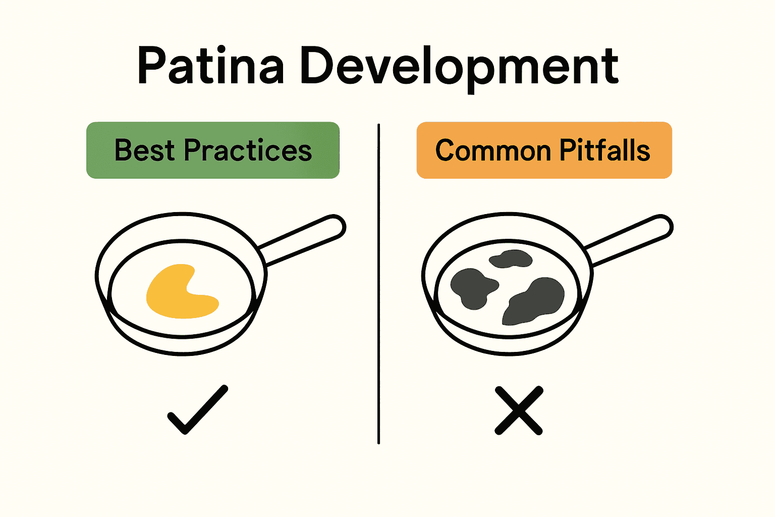 Infographic with icons showing correct and incorrect ways to season a carbon steel pan.