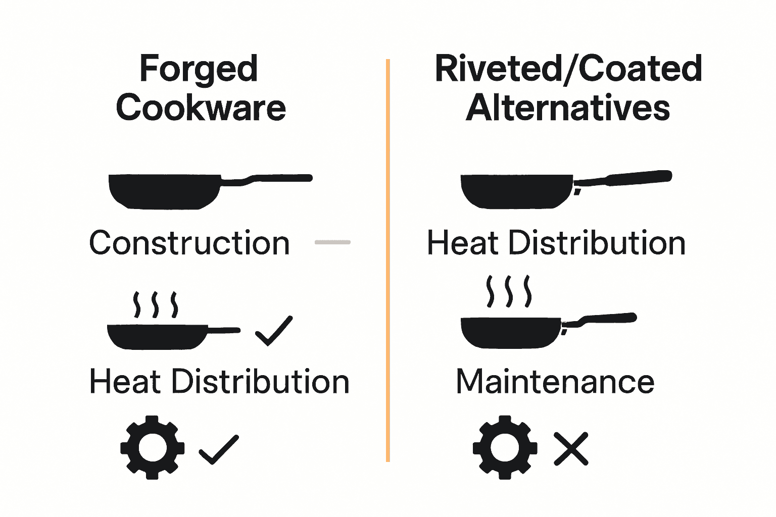 Infographic visually comparing forged cookware to riveted and coated alternatives across three key features.