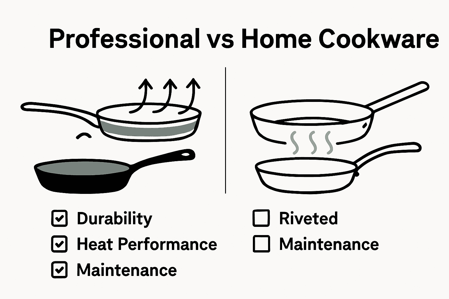 Infographic comparing construction and durability of professional vs. home cookware