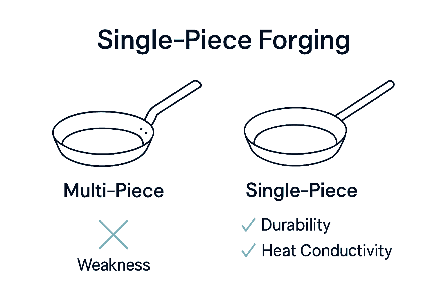 Infographic comparing single-piece forged vs. multi-piece pan construction and durability.