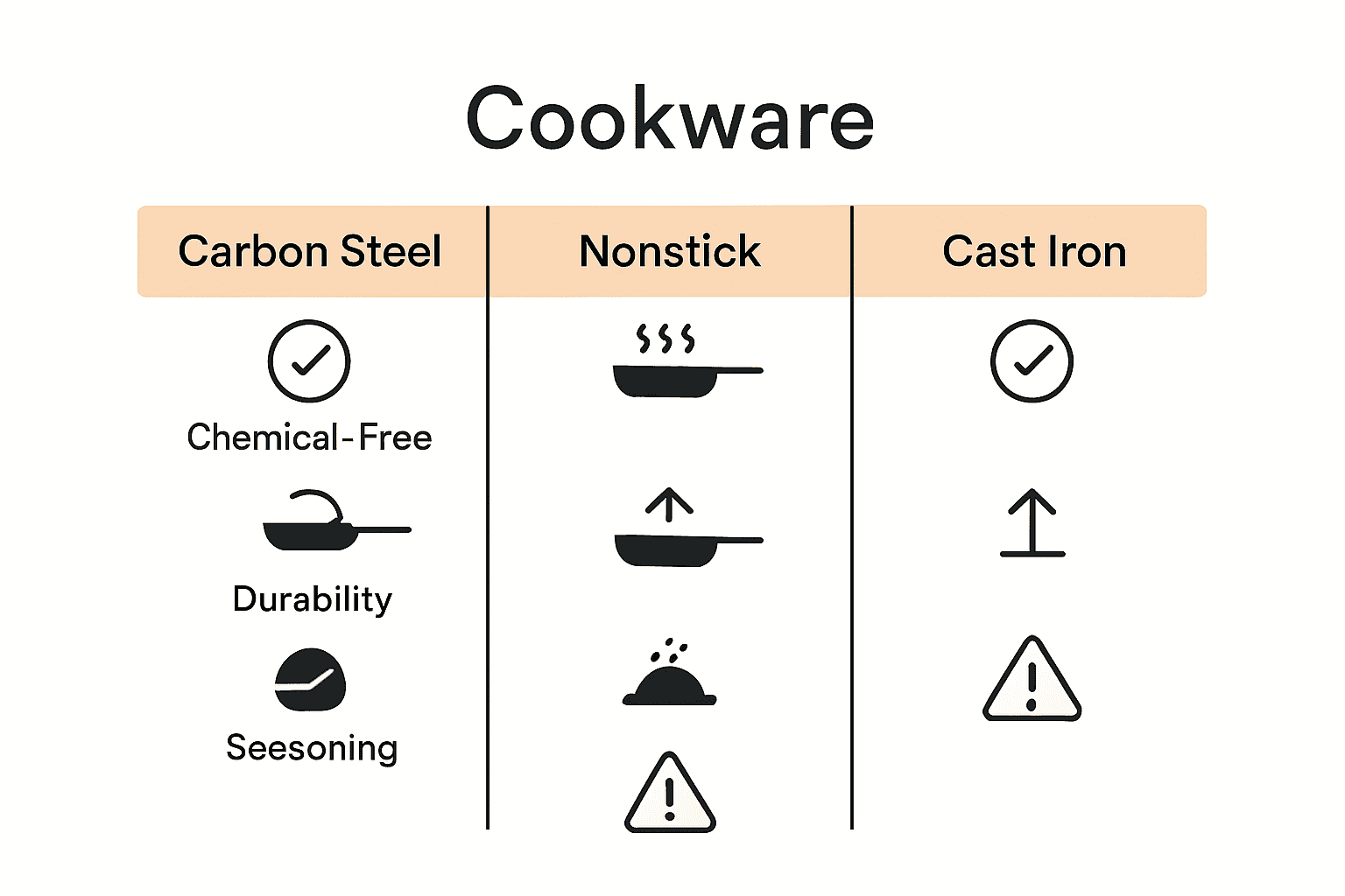 Infographic comparing health and safety features of carbon steel, cast iron, and nonstick pans.