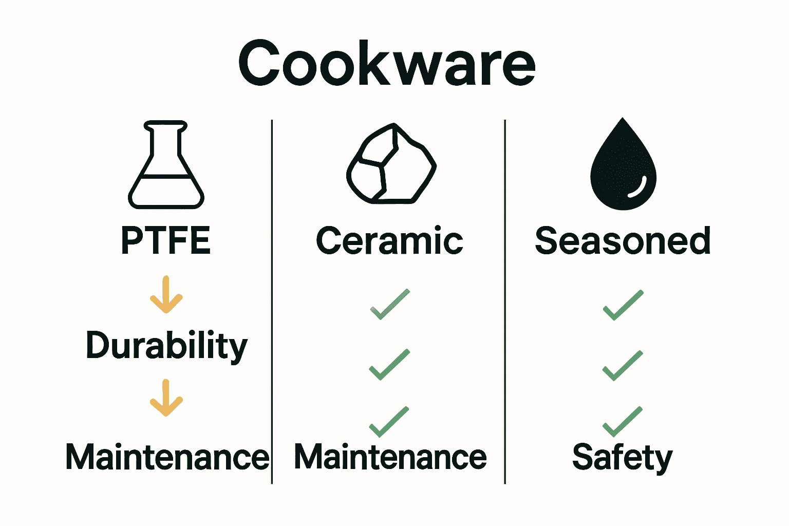 Infographic compares PTFE, ceramic, and seasoned nonstick cookware features.