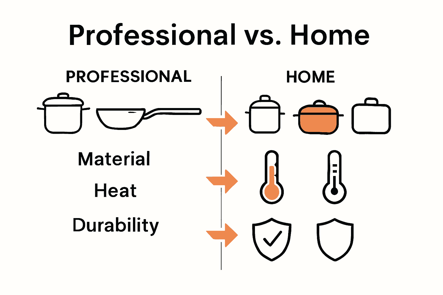 Infographic comparing professional and home cookware by material, heat performance, and durability.