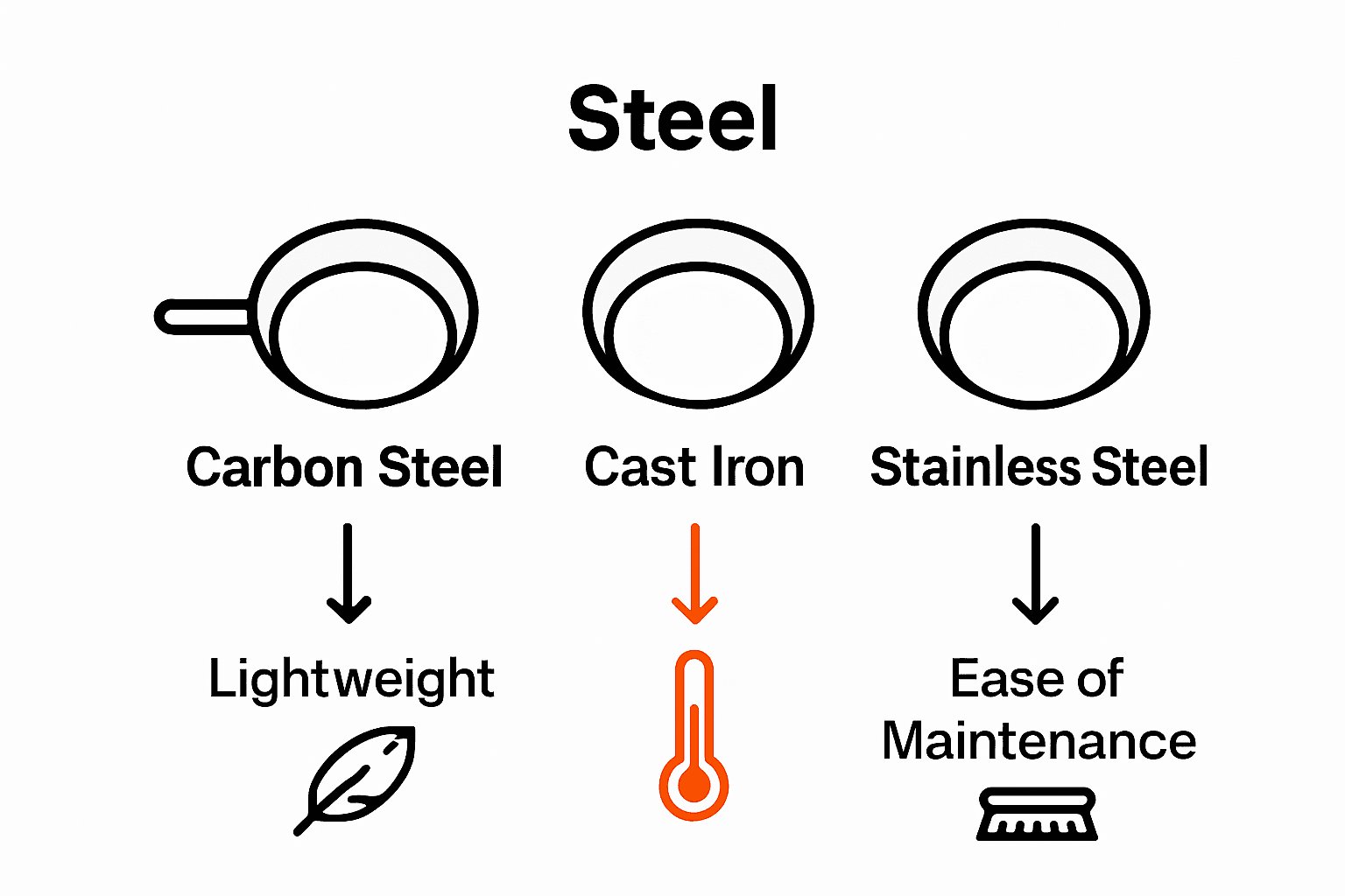 Comparison chart of carbon steel, cast iron, and stainless steel sauté pans highlighting weight, heat, and care.