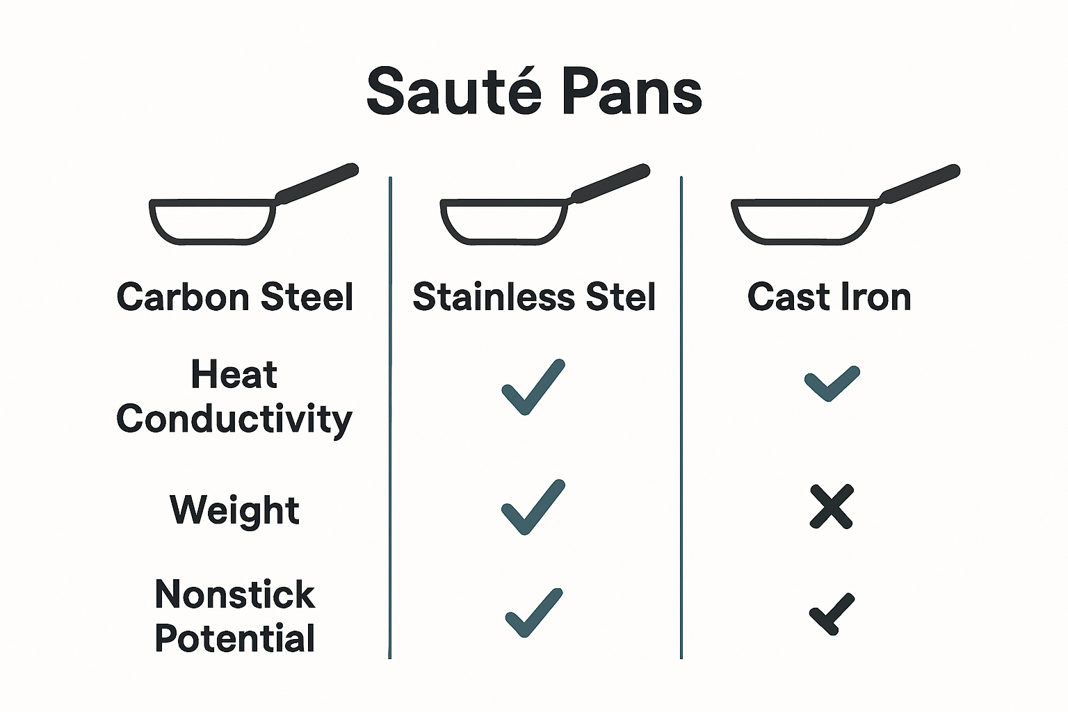 Infographic comparing carbon steel, stainless steel, and cast iron sauté pans with icons and simple checkmarks.