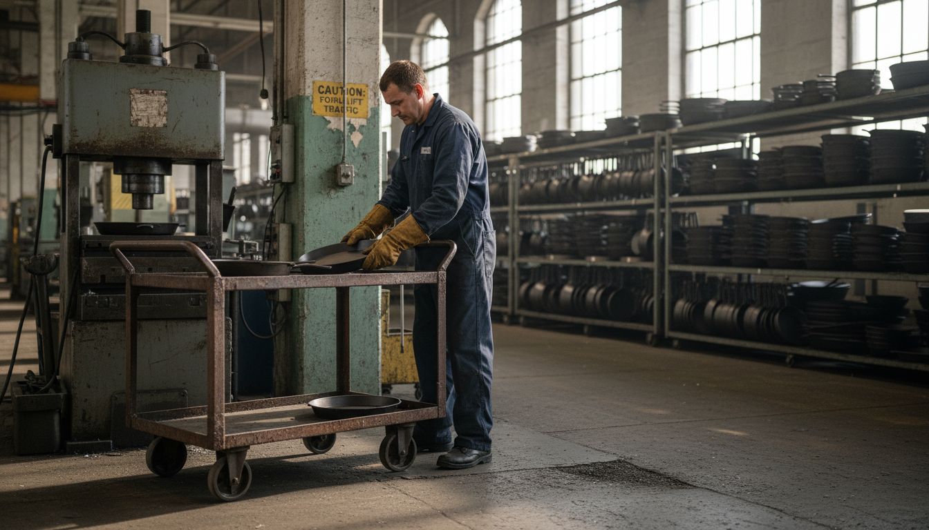 Factory scene showing metal pan manufacturing