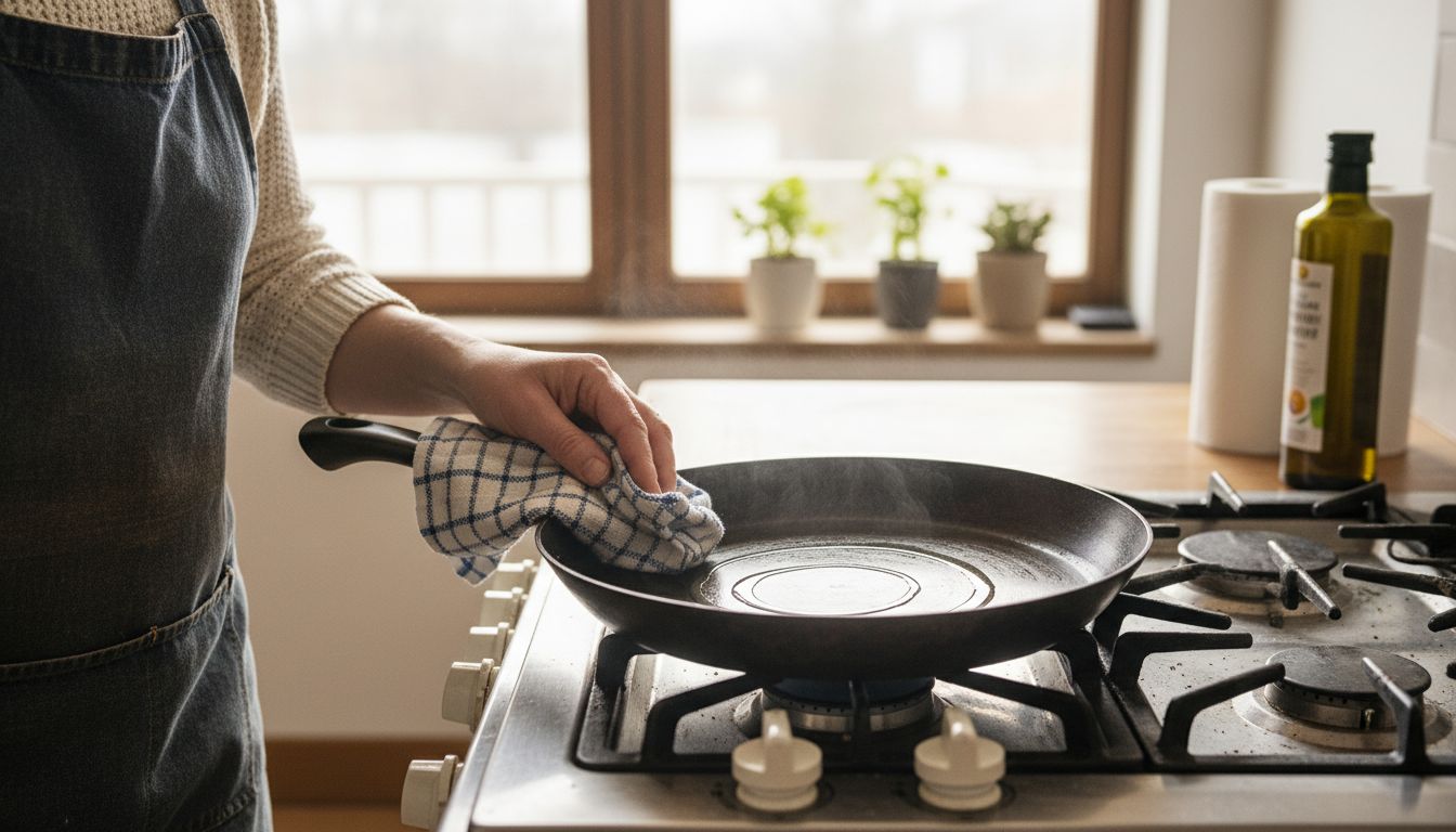 Person seasoning carbon steel pan