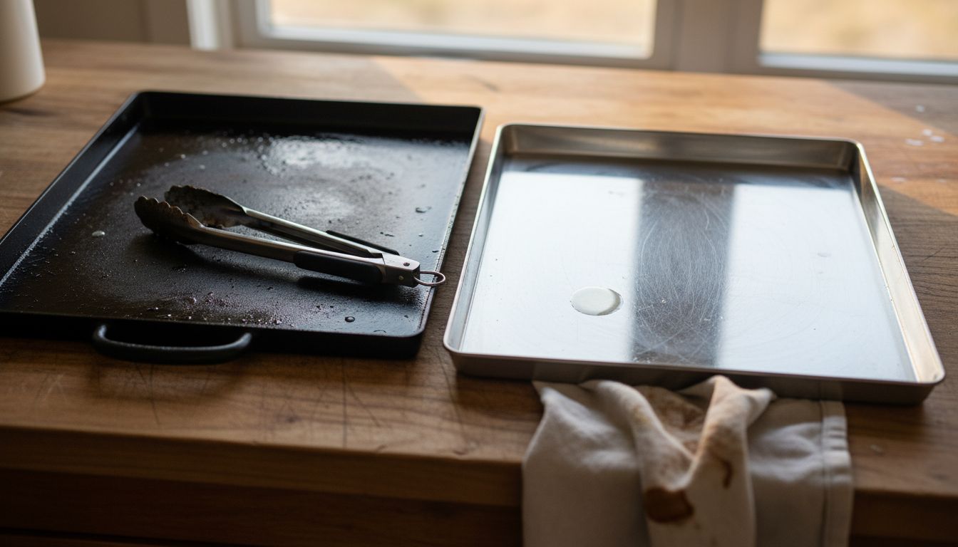 Closeup carbon steel and stainless steel griddles