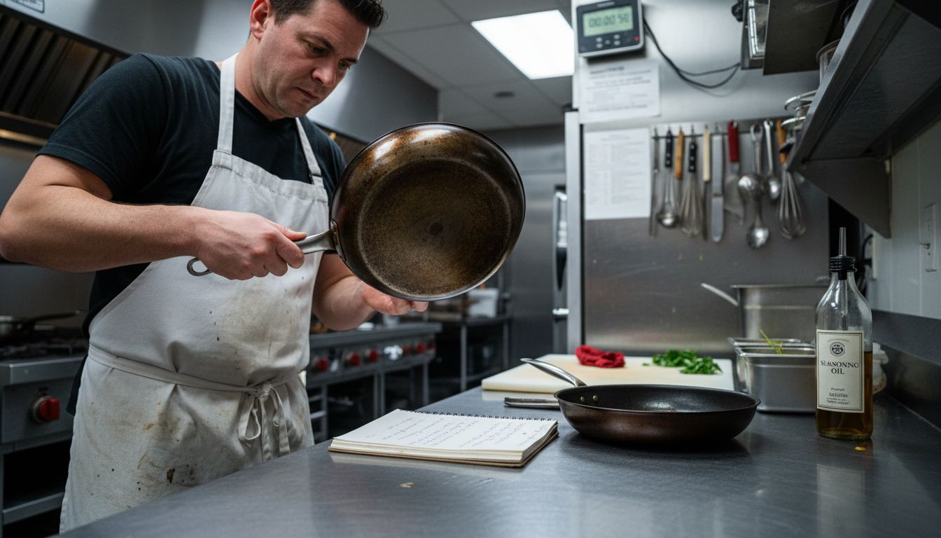 Chef inspecting carbon steel pan construction