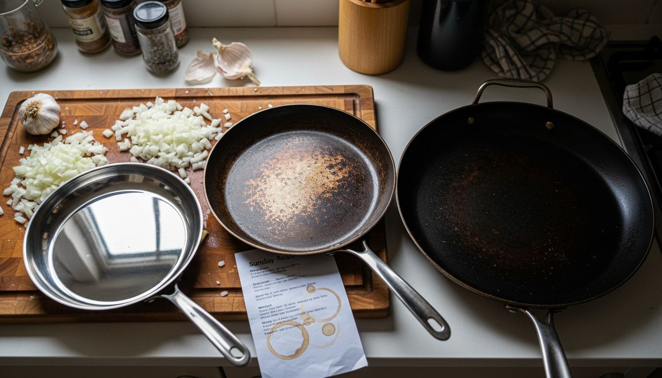Three carbon steel pans with seasoning differences
