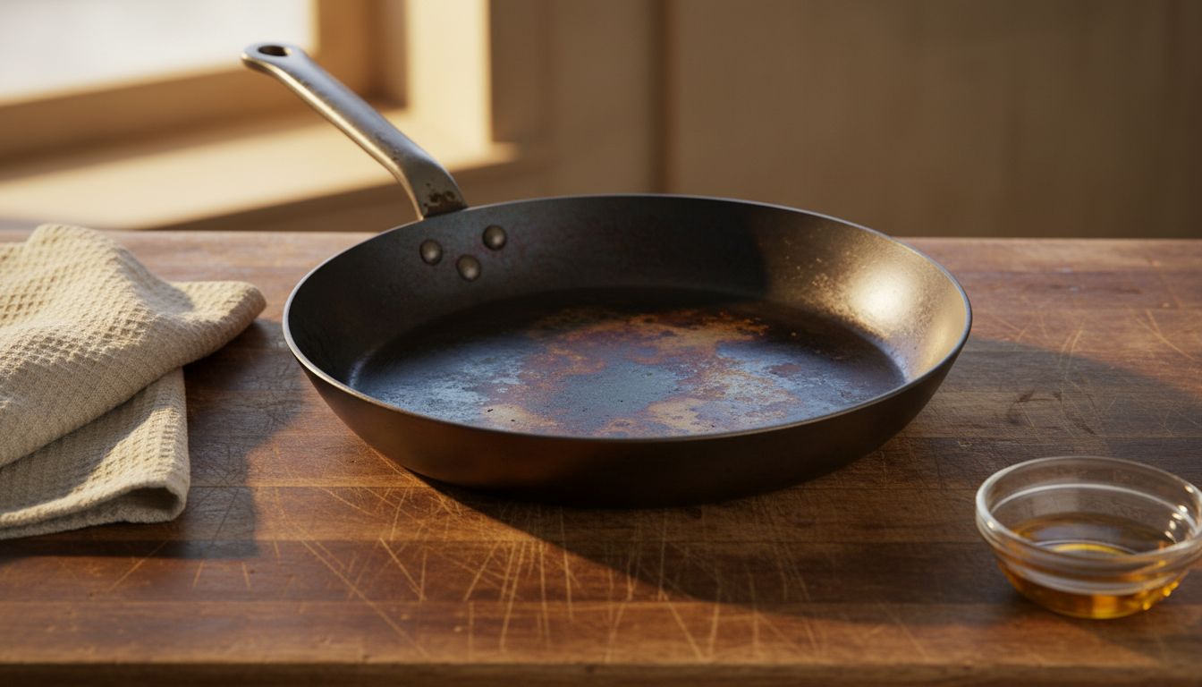 Close-up of seasoned carbon steel pan