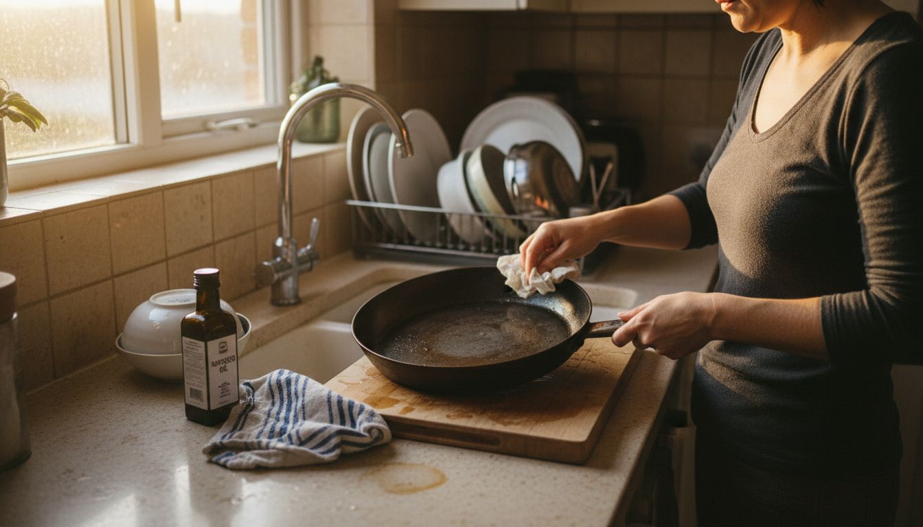Home cook cleaning seasoned carbon steel pan
