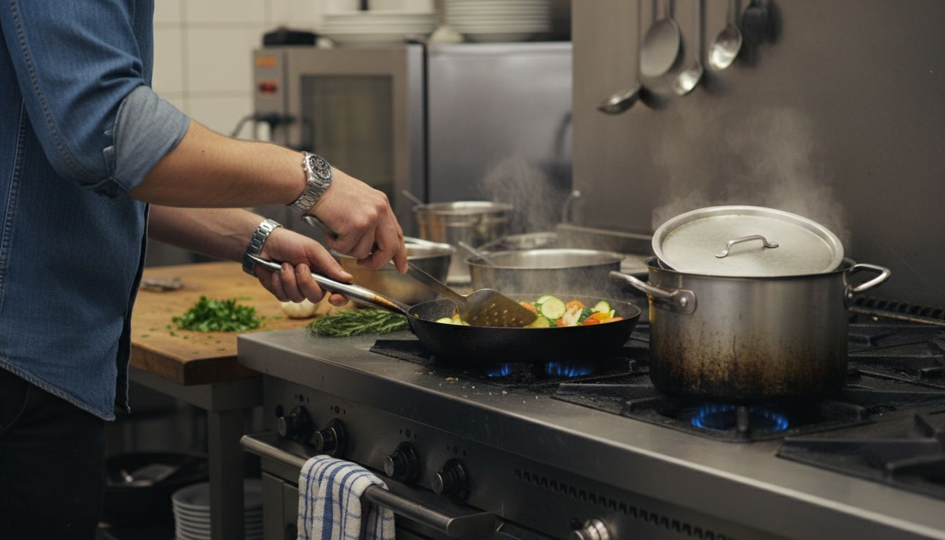 Chef using carbon steel pan on stove