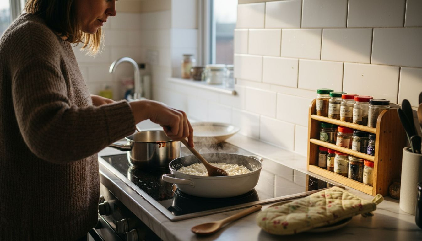 Woman cooking risotto in ceramic pan