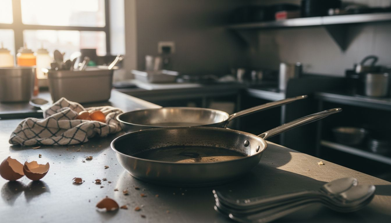 Close-up stainless clad and carbon steel pans