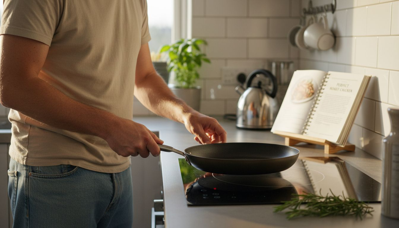 Man aligning pan to induction cooktop zone
