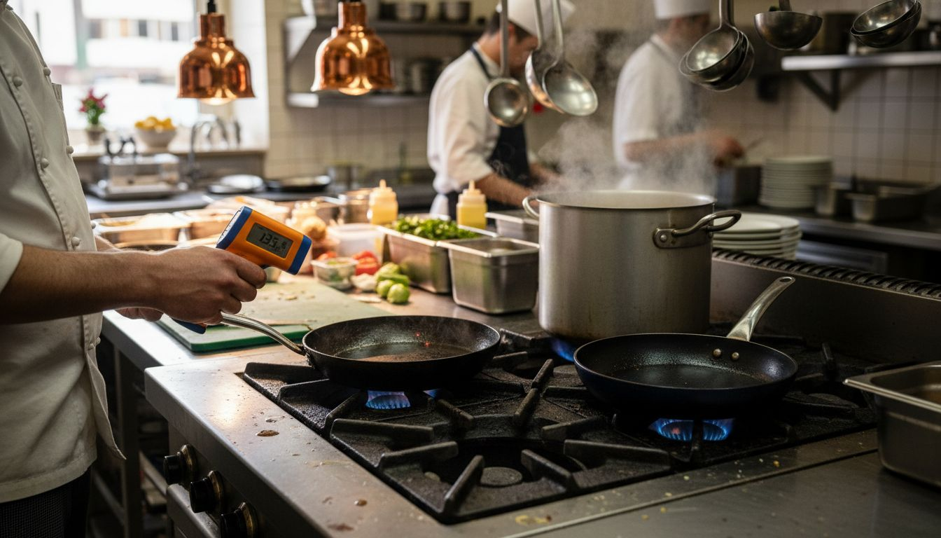 Chef testing heat on two steel pans