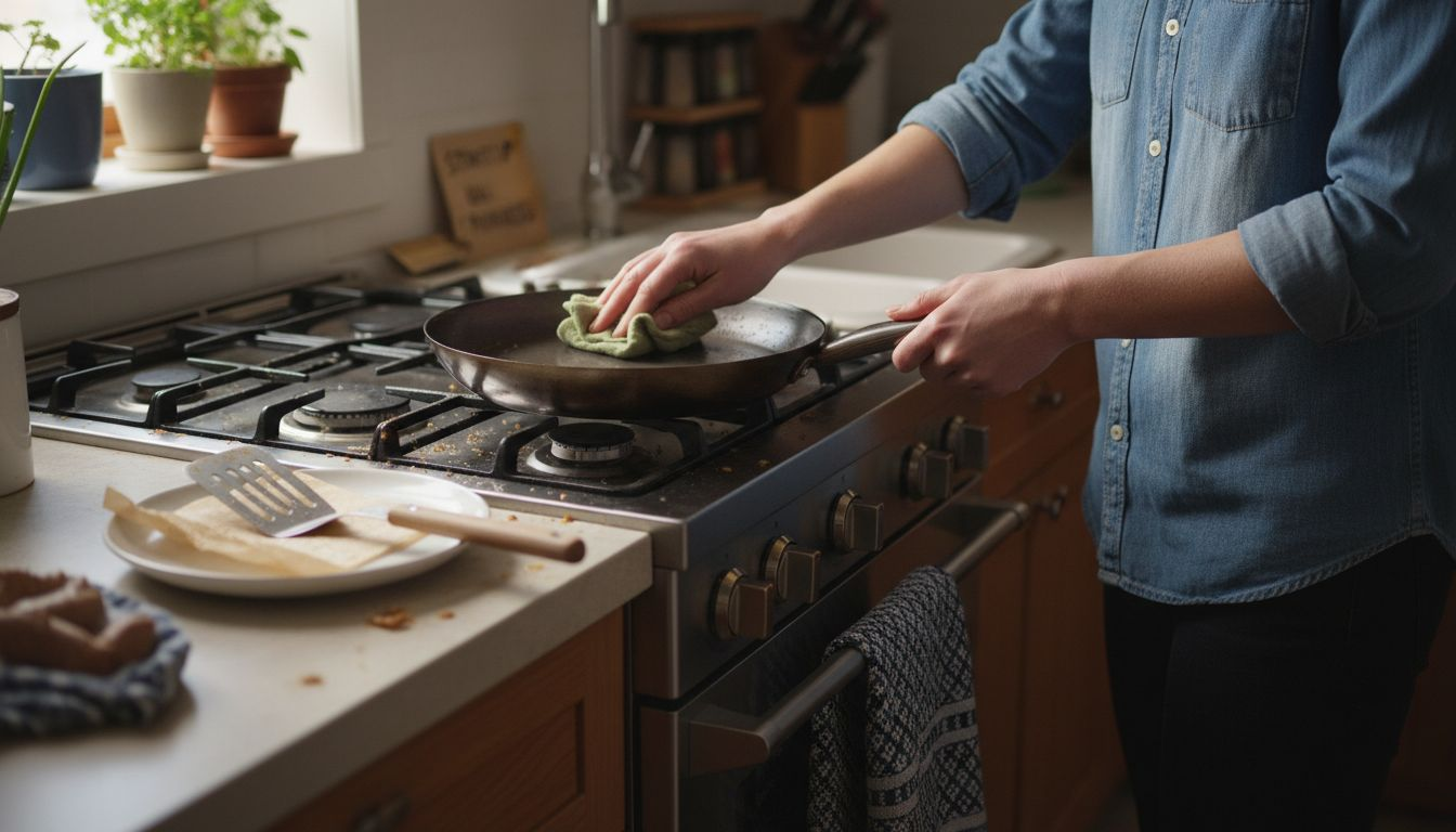 Wiping carbon steel pan after use