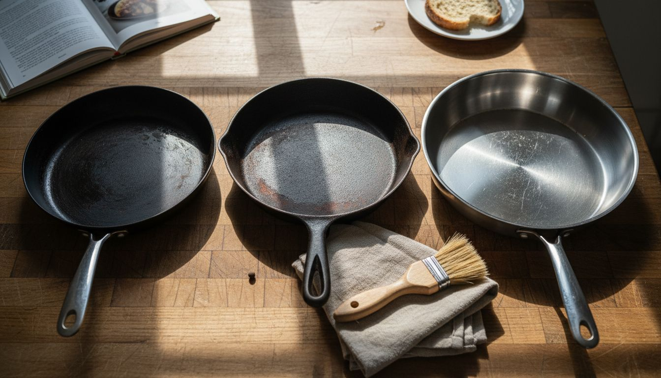 Three types of pans shown side-by-side