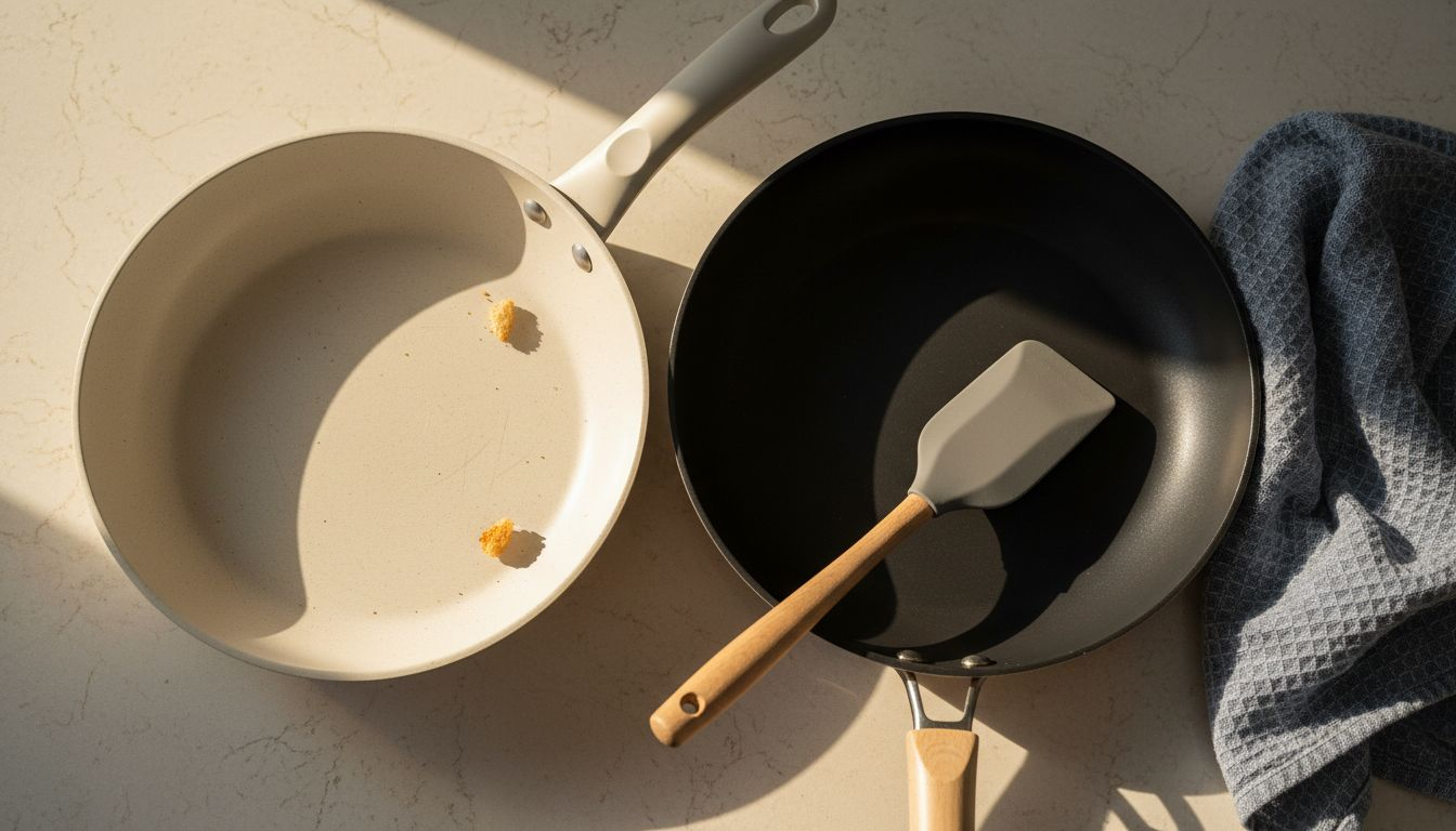 Closeup of ceramic vs nonstick pan surfaces