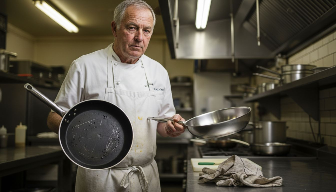 Chef holding worn and new pans