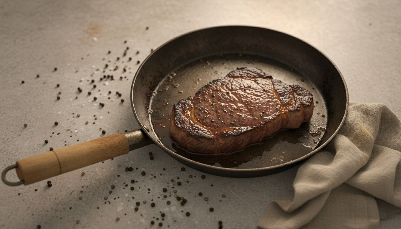 Close-up steak in seasoned carbon steel pan