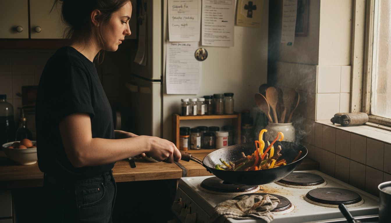Woman tossing stir fry in seasoned wok