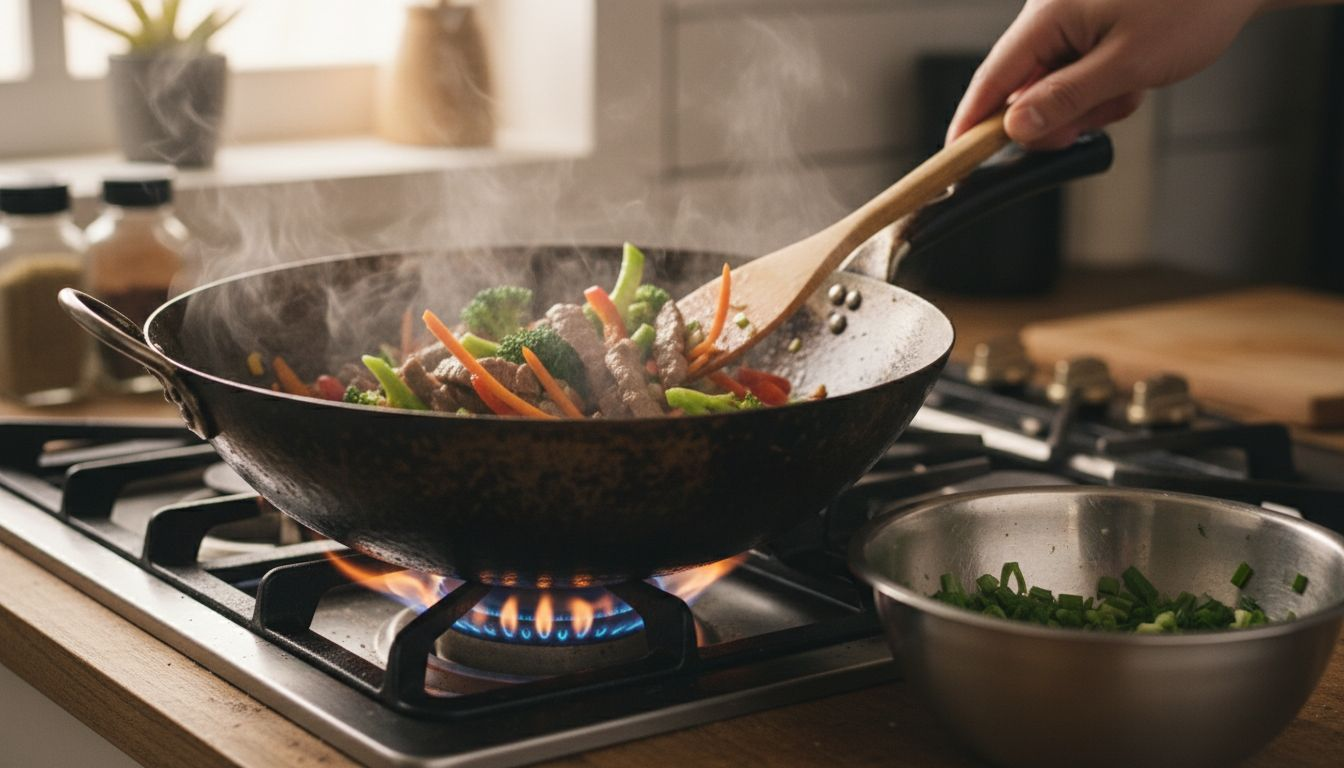 Close-up carbon steel wok cooking scene