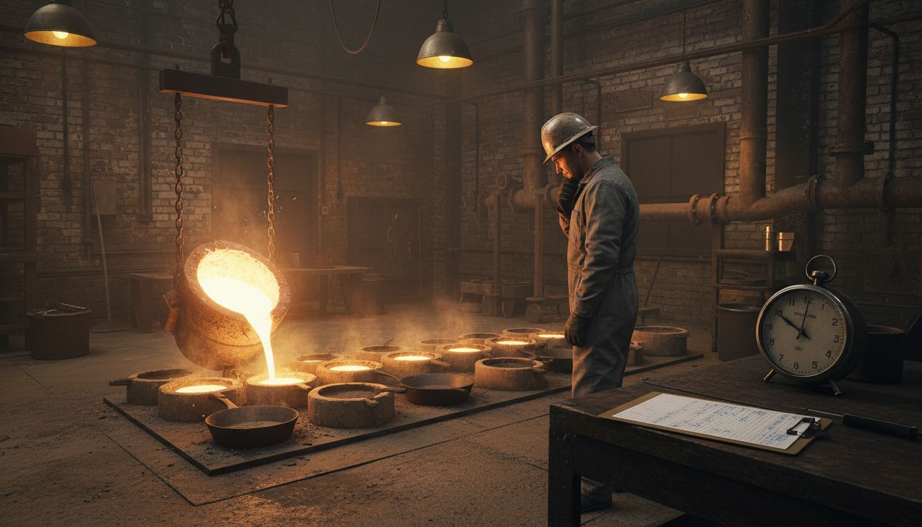 Worker pouring molten iron into cookware molds