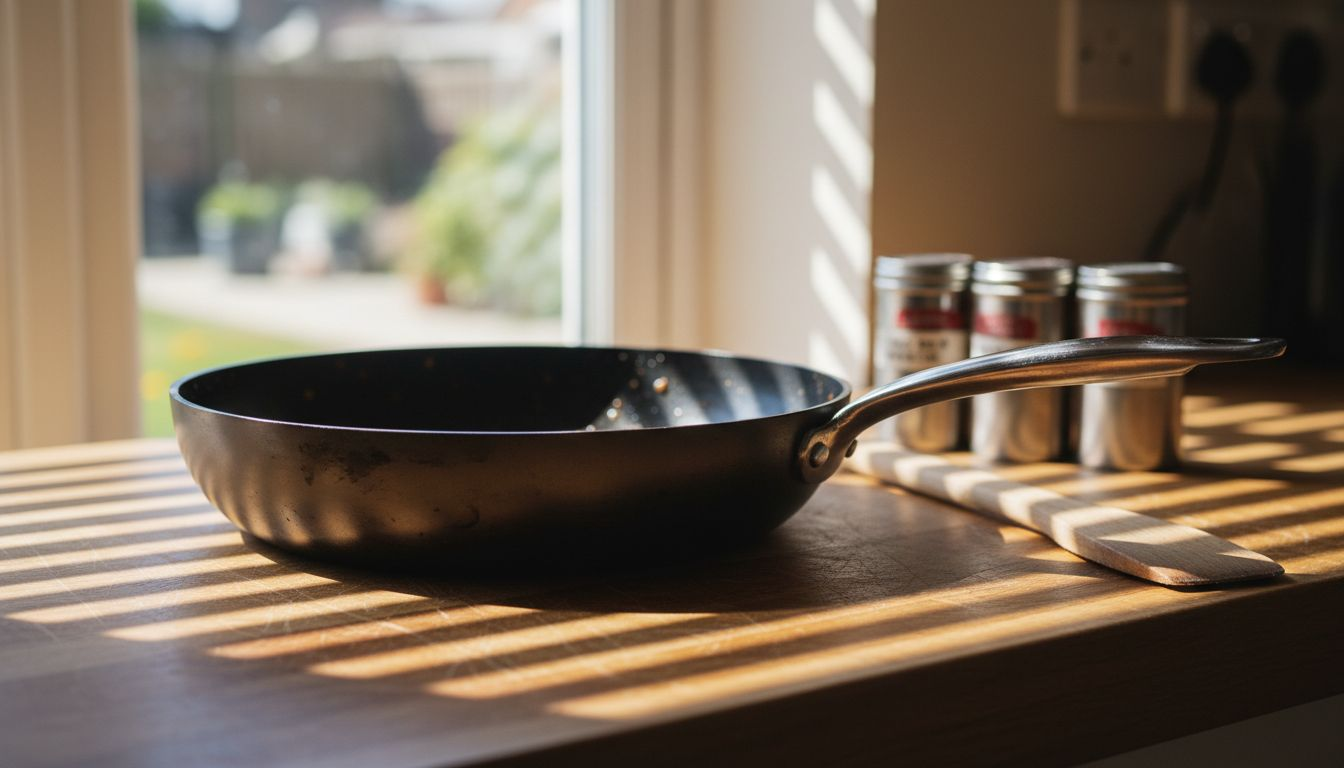 Carbon steel saute pan details on countertop