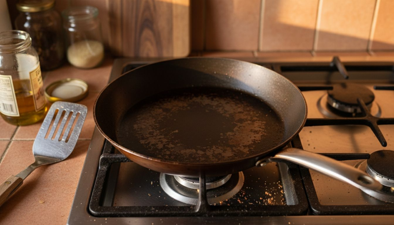 Close-up of seasoned carbon steel pan