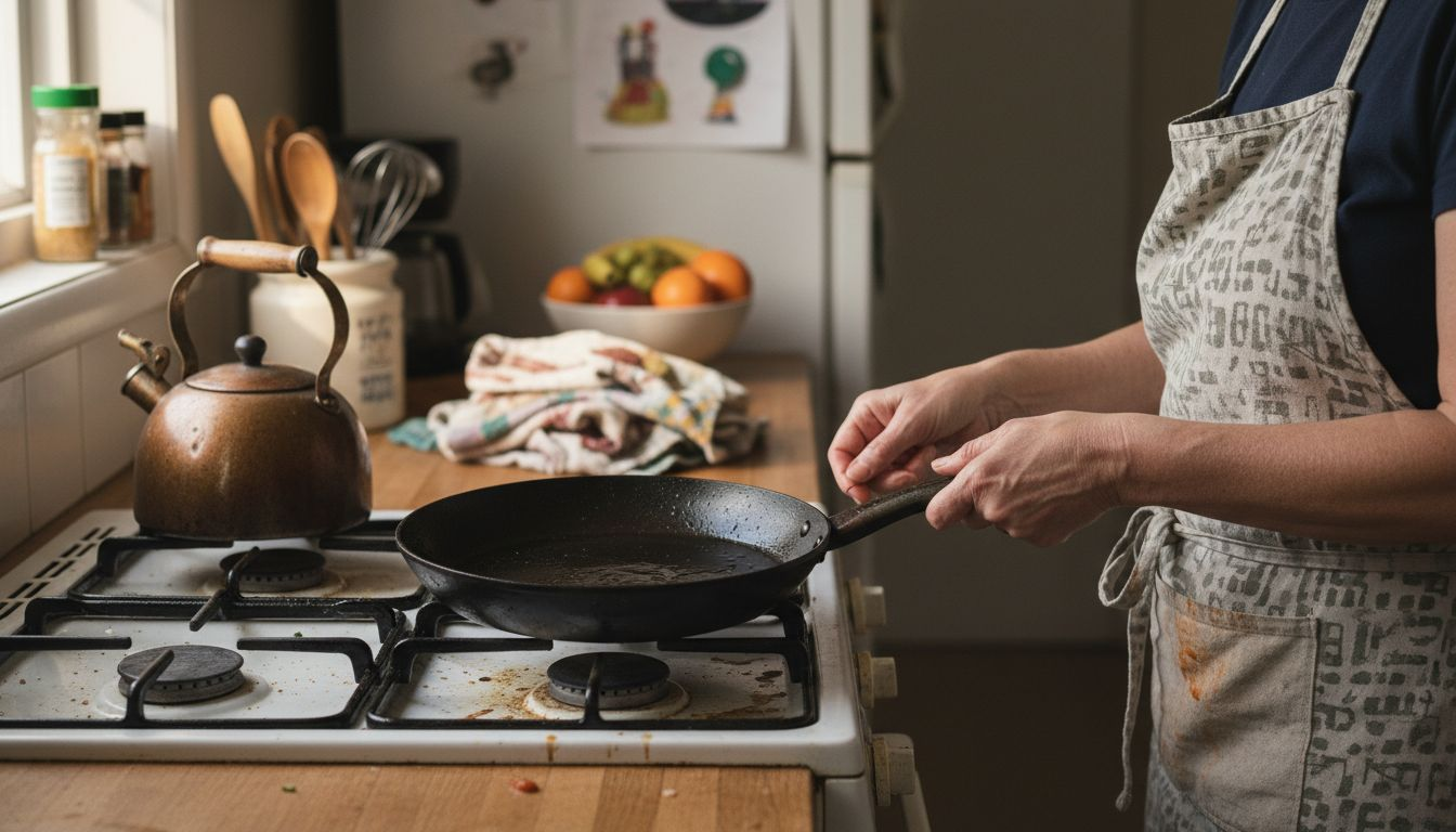 Woman dries carbon steel pan on stovetop