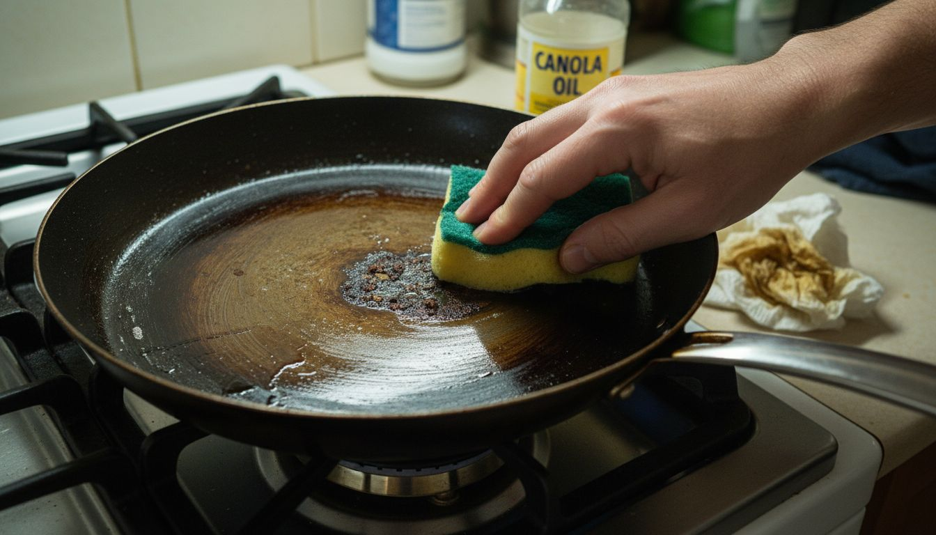 Close-up showing cleaning of pan seasoning
