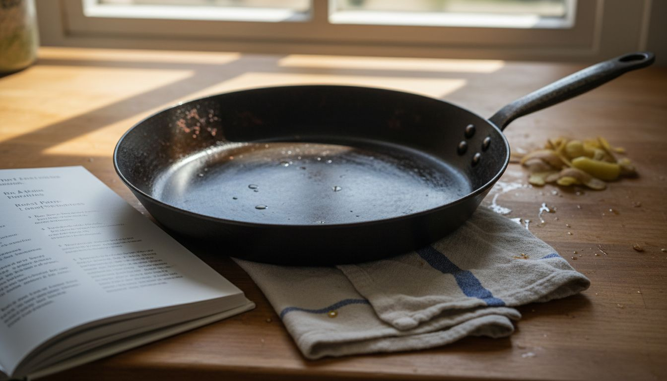 Worn carbon steel pan shows rust and peeling
