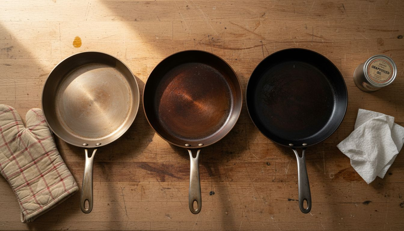 Three carbon steel pans at different patina stages