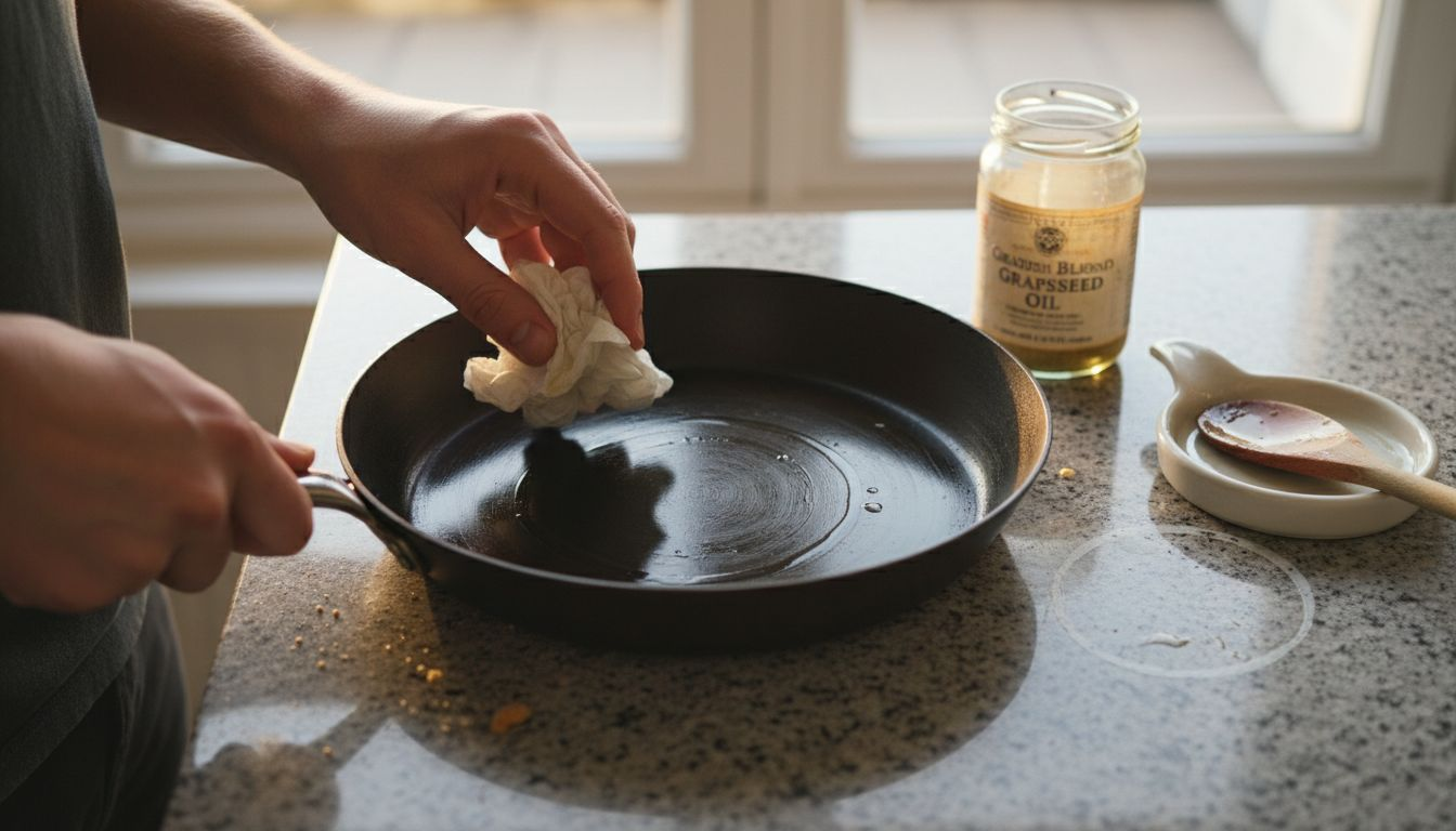 Applying oil to carbon steel pan overhead