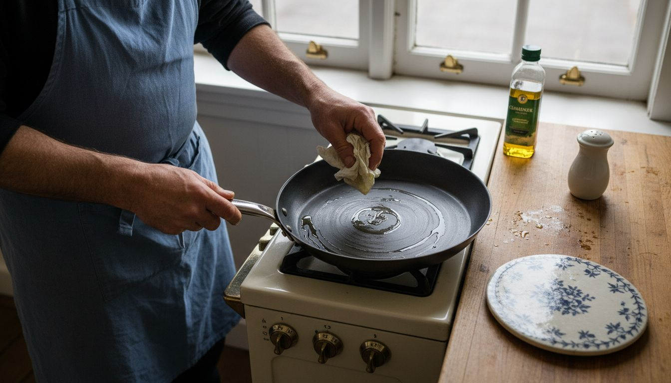 Applying oil to carbon steel pan
