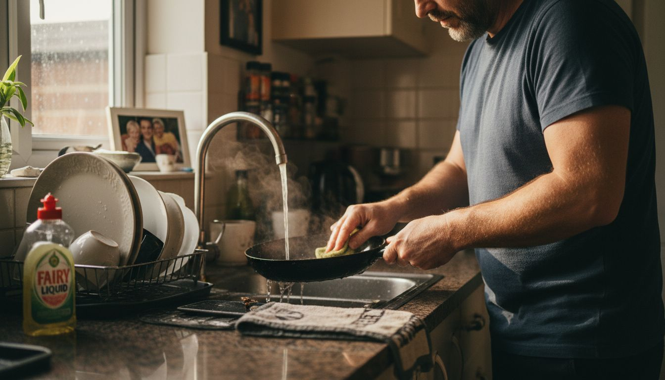 Man cleaning a new carbon steel pan