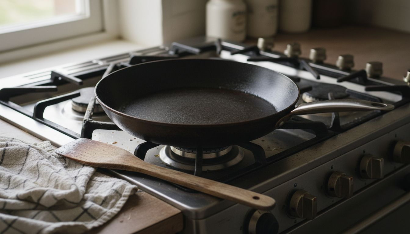 Close view pan with dark seasoned surface