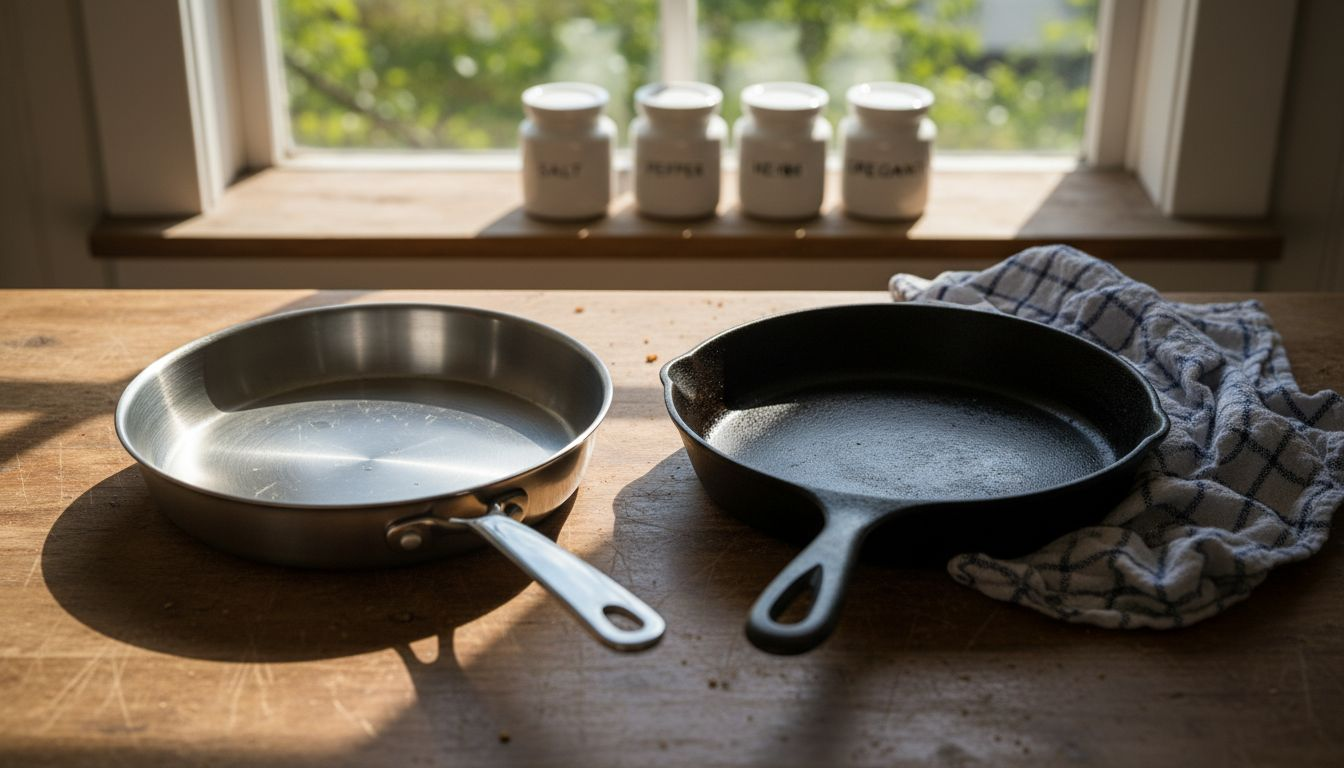 Cast iron and steel skillets side by side