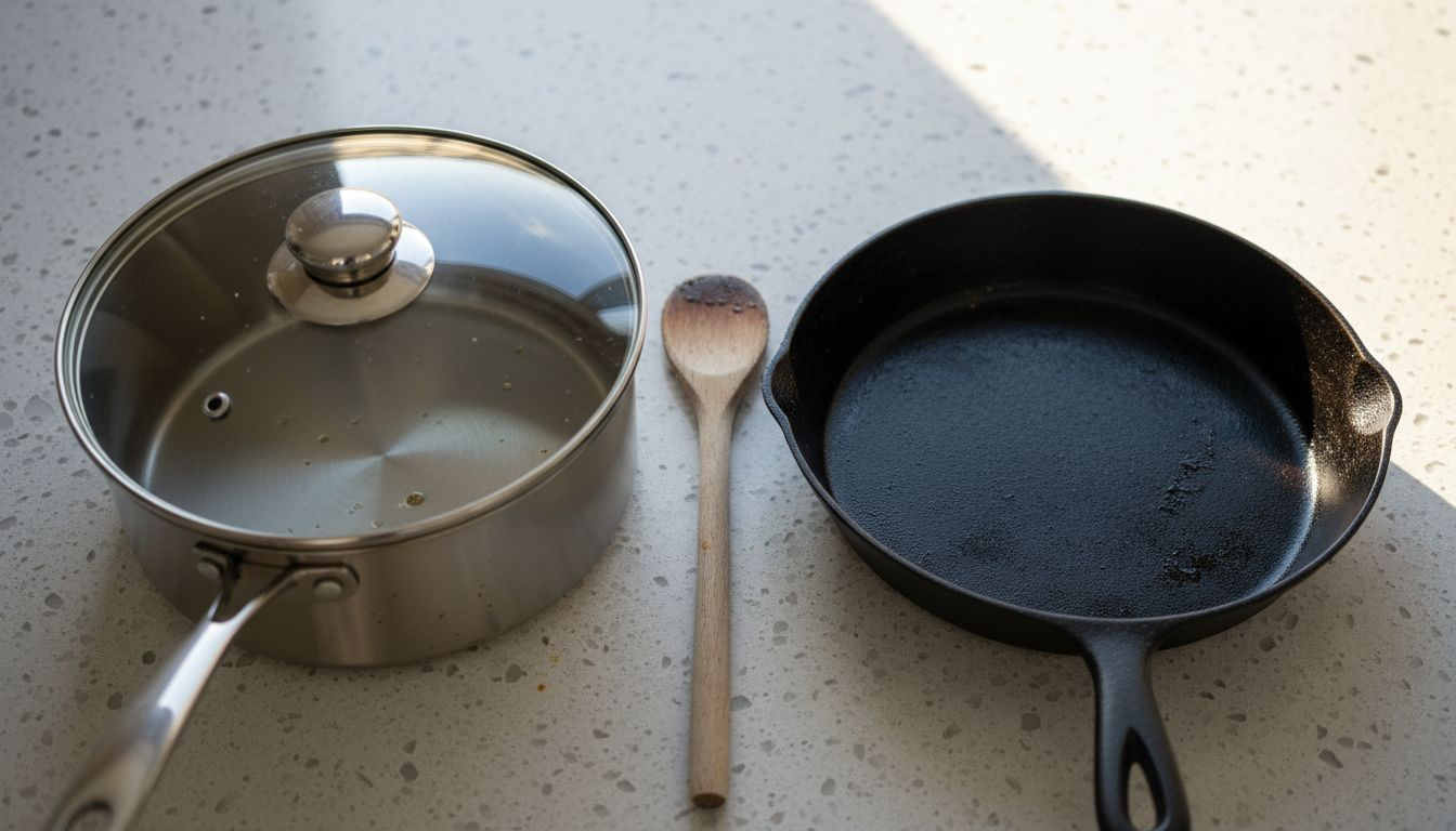 Close-up highlighting design of both pans