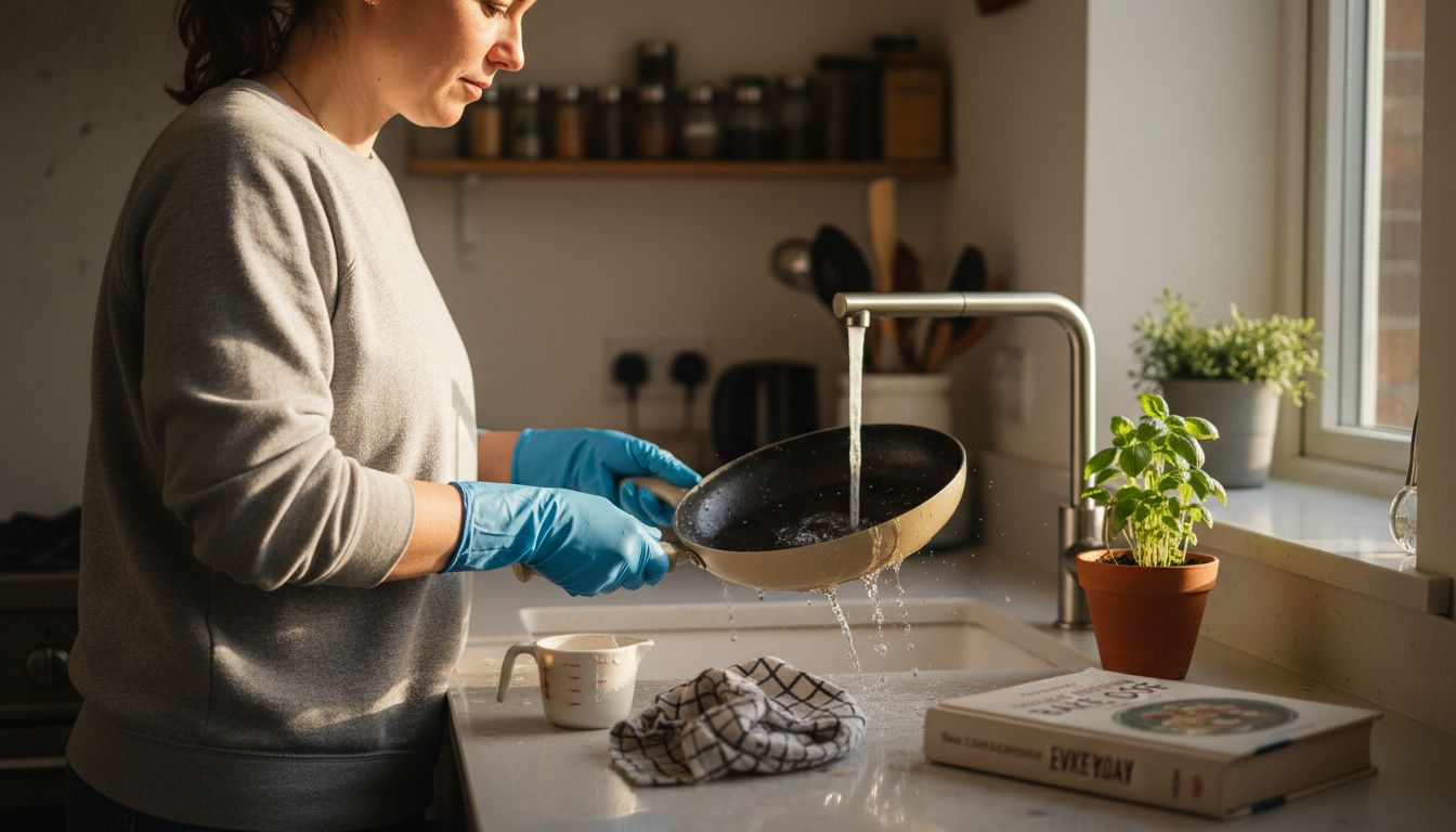 Chef cleaning scratched ceramic cookware