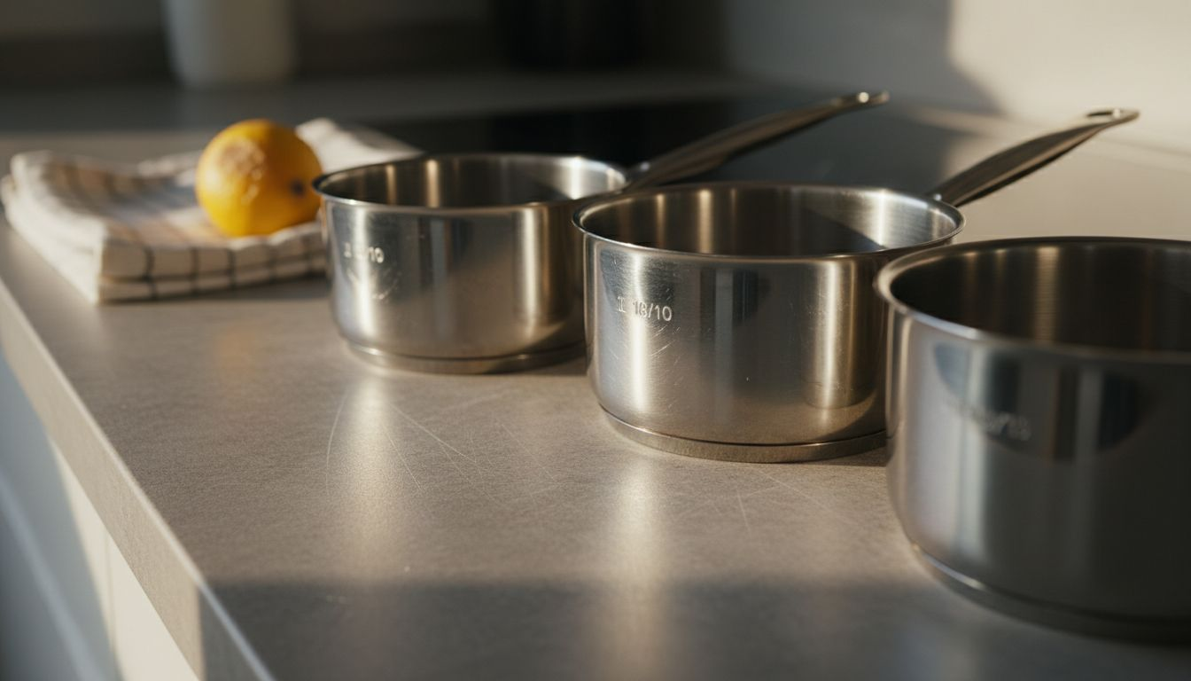 Close-up showing stainless steel cookware grades