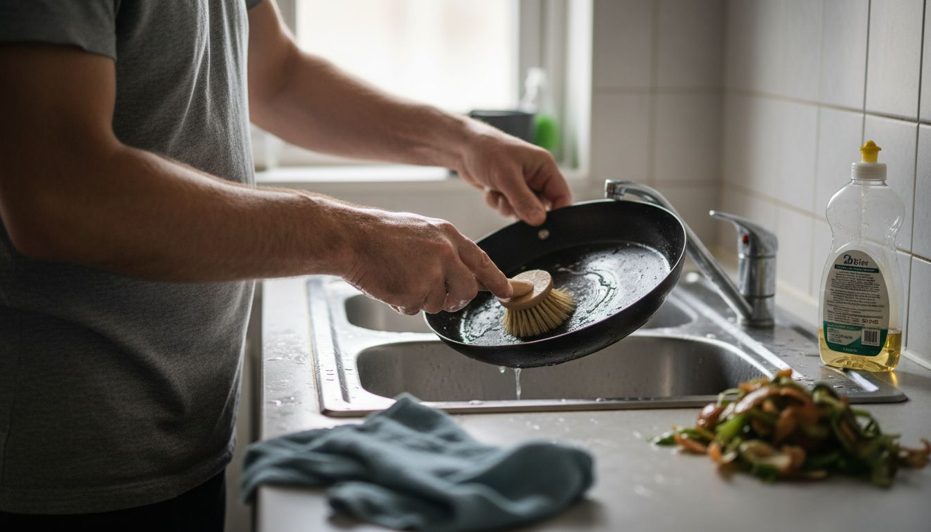 Man gently scrubbing carbon steel pan in sink