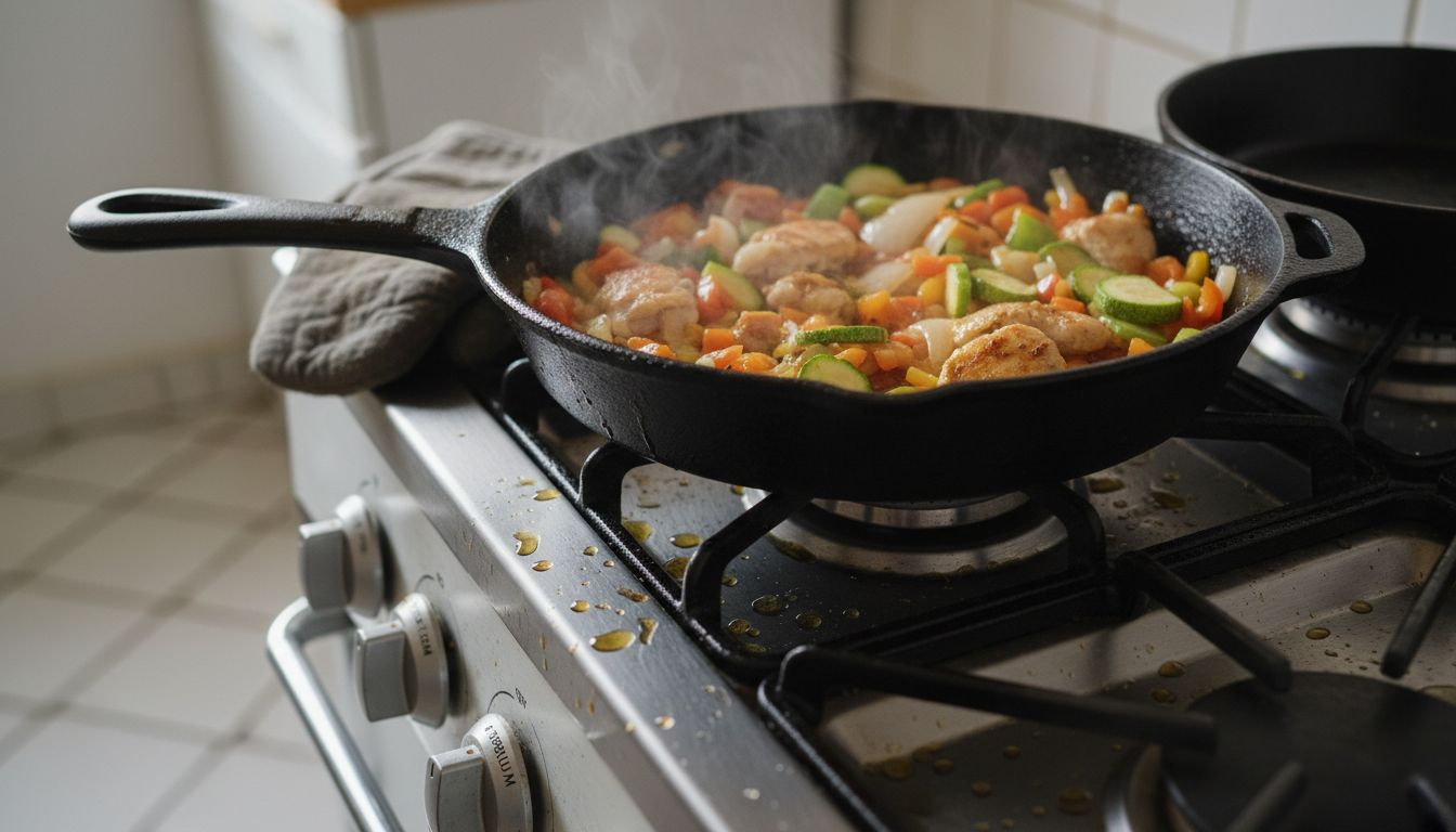 Cast iron pan showing heat retention and steam