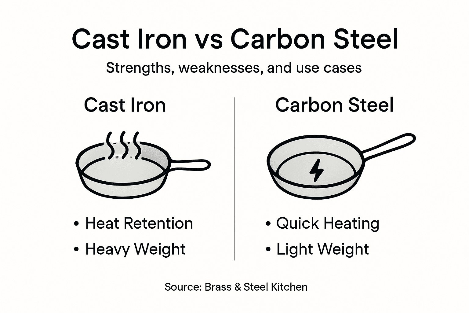 Infographic comparing cast iron and carbon steel pans